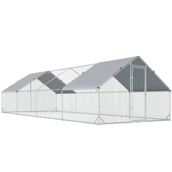 Galinheiro Exterior Grande 24 m² Gaiola para 16 - 24 Galinhas 3x8x2 m Galinheiro de Aço Galvanizado com Cobertura de PE e Porta com Fecho para Patos e Coelhos Prateado