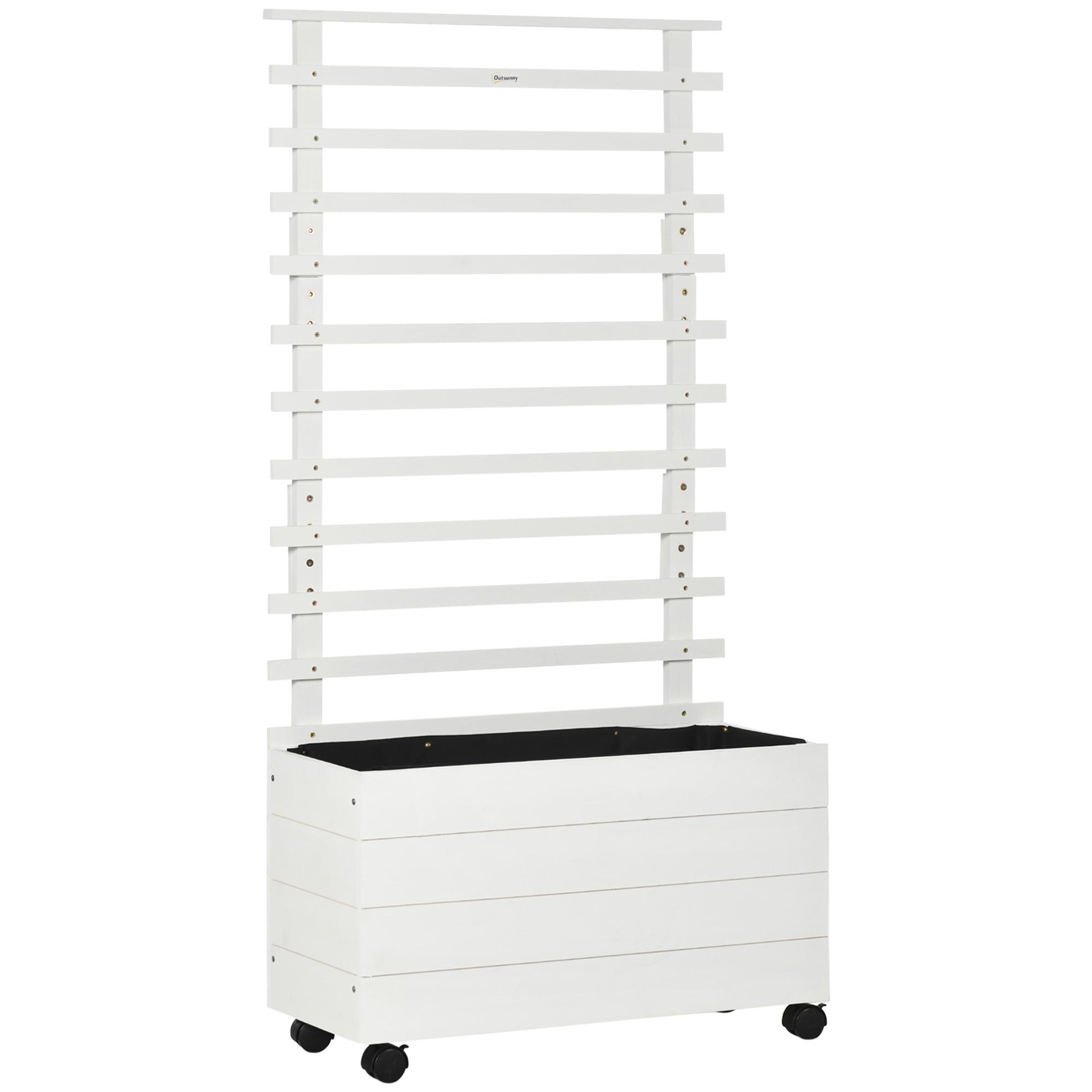 Floreira com Treliça de Madeira Maciça com 4 Rodas e Malha Geotêxtil para Cultivos de Plantas Flores 76x30x155 cm Branco