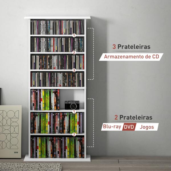 Estante Estreita para CDs e DVDs com 8 Compartimentos Prateleiras Ajustáveis 58x24x126,3 cm Branco