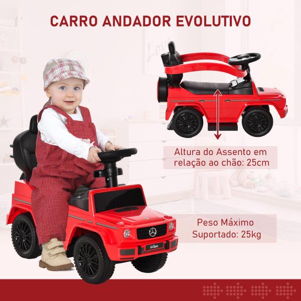 Carro Andador para Crianças Mercedes G350 com Buzina Capô Removível Encosto e Suporte de Proteção 85,5x40,5x95 cm Vermelho