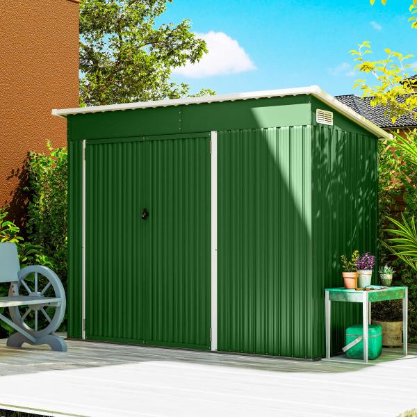 Abrigo de Jardim Exterior 2,7 m² 234x132x185 cm com Três Portas Fechadura e Grelhas de Ventilação Verde