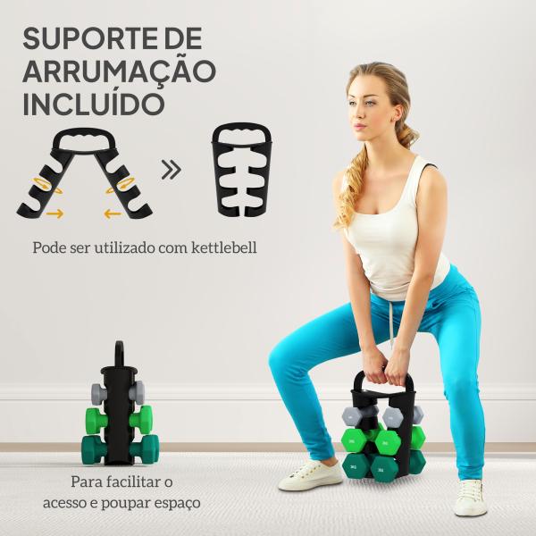 Conjunto de Halteres 2 x 1kg 2 x 32kg e 2 x 3kg Halteres Hexagonais com Suporte de Armazenamento para Treino Multicor