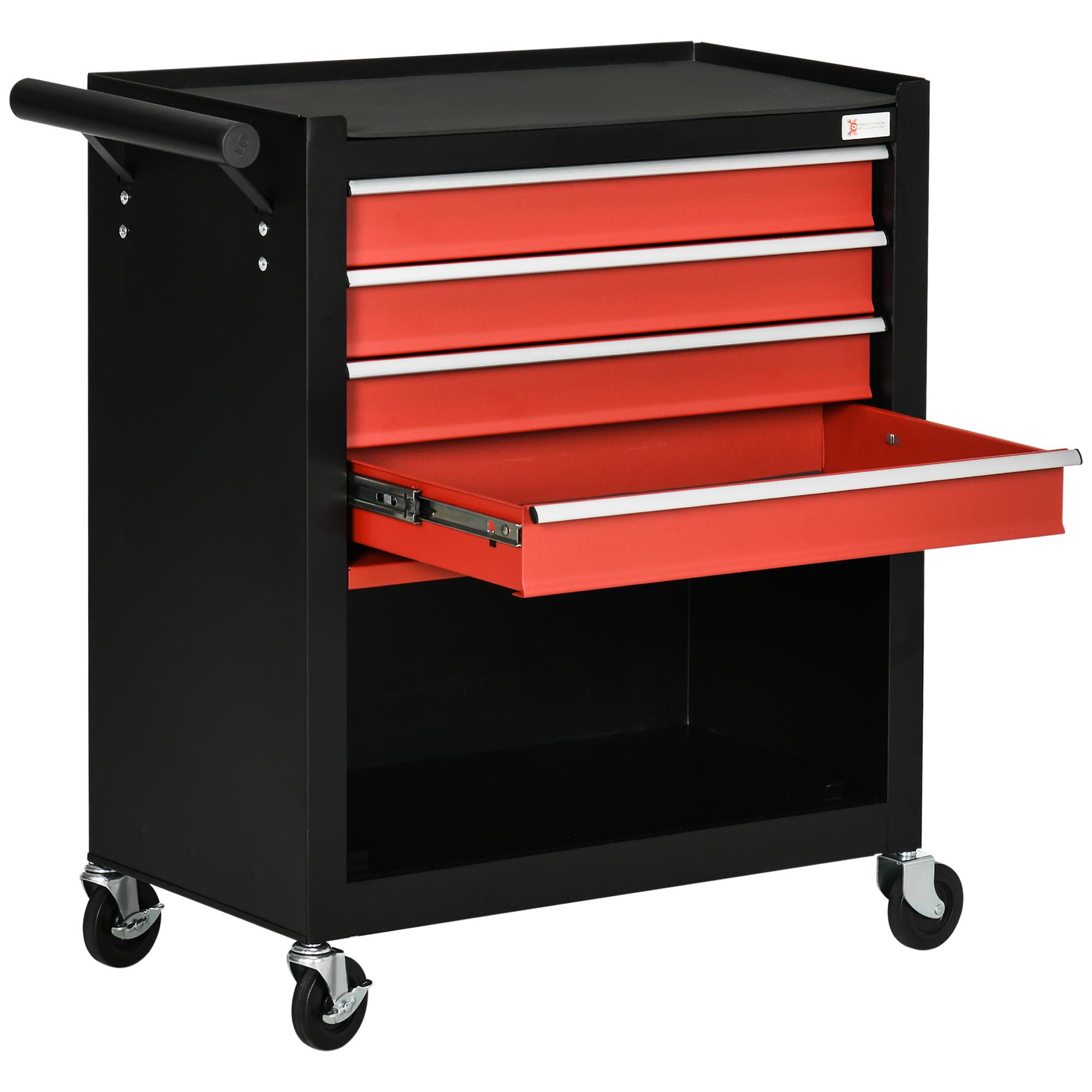 Carro de Ferramentas Móvel com Rodas 4 Gavetas Compartimento de Armazenamento e Alça Lateral 69x33x75cm Preto e Vermelho