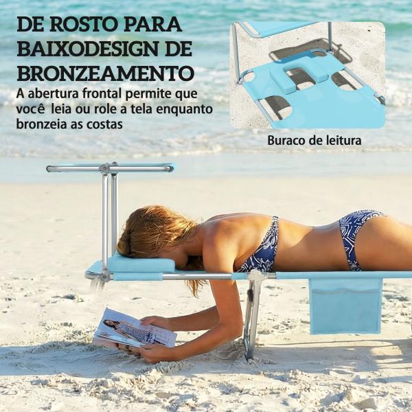 Conjunto de 2 Espreguiçadeiras Dobráveis com Dossel 360° Encosto 5 Posições Orifício Facial 188x56x27 cm Azul Claro