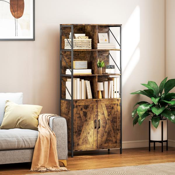 Estante de 6 Níveis Estante de Livros com Compartimentos Abertos 2 Portas Estilo Industrial 75x34x172 cm Castanho Rústico