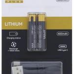Blister 2x Pilhas Lithium AAA (R3) 600mWh c/ Carregamento USB - C - WELL