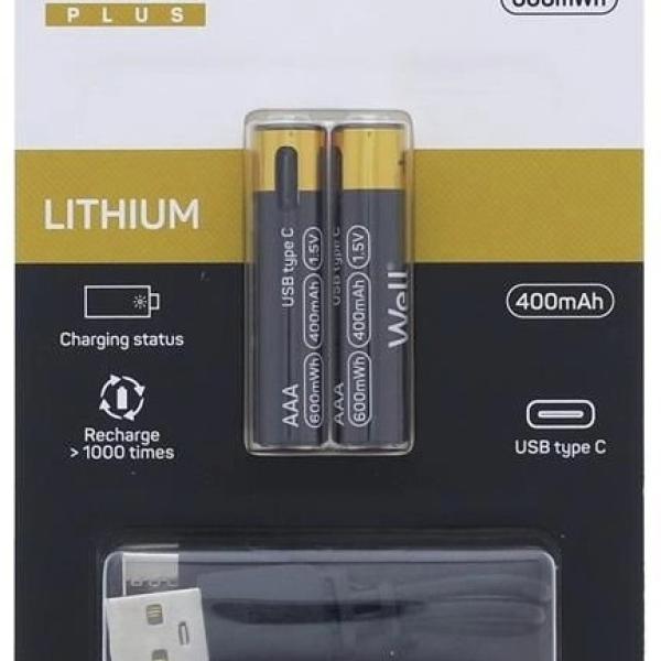 Blister 2x Pilhas Lithium AAA (R3) 600mWh c/ Carregamento USB - C - WELL