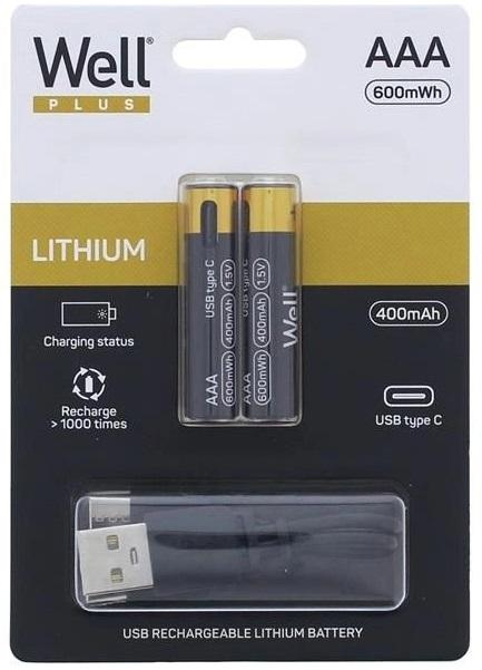 Blister 2x Pilhas Lithium AAA (R3) 600mWh c/ Carregamento USB - C - WELL