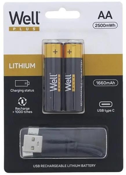 Blister 2x Pilhas AA (R6) 1.5V 2500mWh c/ Carregamento USB - C - WELL