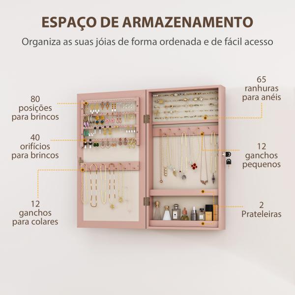 Espelho Joalheiro de Parede Armário para Jóias com Fechadura e Vários Compartimentos para Colares Anéis Pulseiras Rosa e Bege