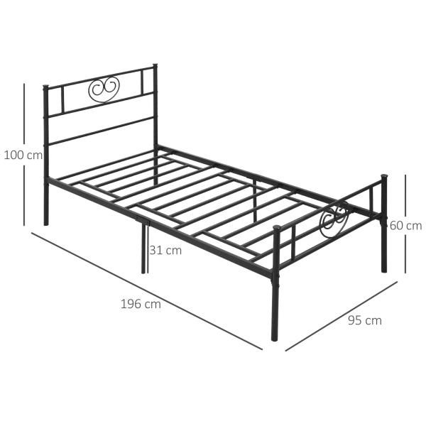 Estrutura de Cama Individual de Metal 31cm para Colchão 90x190cm com Cabeceira com Forma de Coração Estrutura de Cama com Espaço em Baixo de Armazenamento 95x196x100cm Preto