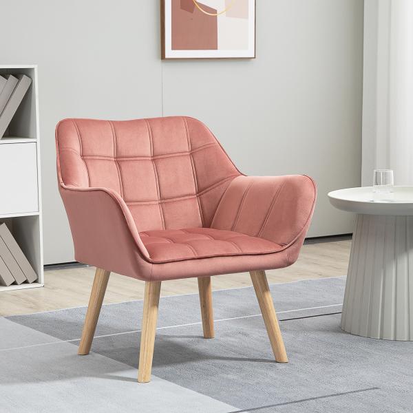 Poltrona Moderna Poltrona de Leitura Estofada em Veludo com Assento Amplo Pés em Madeira 67x61,5x71 cm Rosa