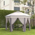 Tenda Dobrável 4x3,4 m Hexagonal com Duplo Teto 6 Mosquiteiras Destacáveis e Saco de Transporte Castanho e Bege