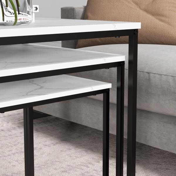 Conjunto de 3 Mesas Auxiliares para Sala de Estar com Efeito Mármore e Estrutura de Aço Estilo Moderno Branco e Preto