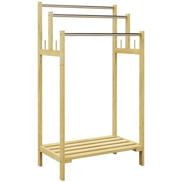 Toalheiro de Pé de Bambu com 3 Barras de Aço Inoxidável Prateleira Aberta 50,5x31x90 cm Natural