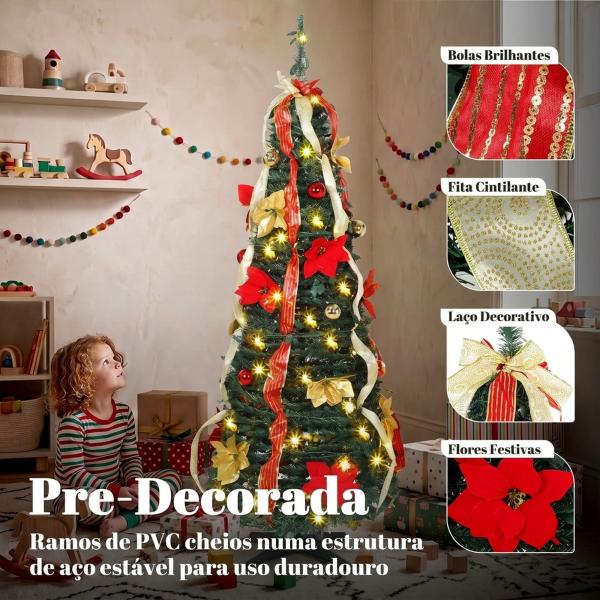 Árvore de Natal Desdobrável 150 cm com 70 Luzes LED, 11 Modos, Comando à Distância e Decoração Incluída, Verde