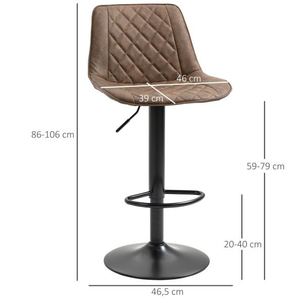 Conjunto de Bancos de Bar Estofados em PU Bancos Altos de Sala de Jantar com Altura Ajustável Assento Giratório e Apoio para os Pés Carga Máxima 120kg 46,5x51x86 - 106cm Marrom