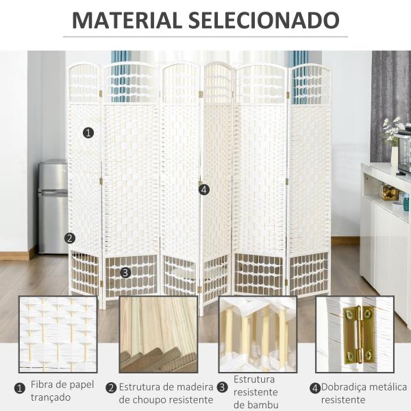 Biombo de 6 Paineis Separador de Ambientes Dobrável 242x170cm Divisória de Habitações de Fibra de Papel Branco