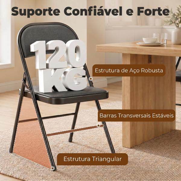 Conjunto de 4 Cadeiras Dobráveis com Encosto e Estrutura de Aço para Sala de Estar escritório Estúdio 45x46x78 cm Preto
