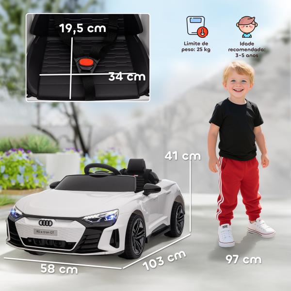 Carro Elétrico AUDI RS E - Tron GT 12V com 2 Motores Controlo Remoto Faróis LED Buzina Música USB 3 - 5km/h 103x58x41cm Branco