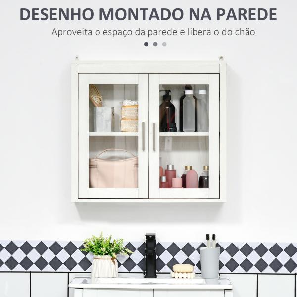 Armário Casa de Banho de Parede com 2 Portas de Vidro e Prateleira Móvel Suspenso de Casa de Banho 60x19,5x54cm Branco
