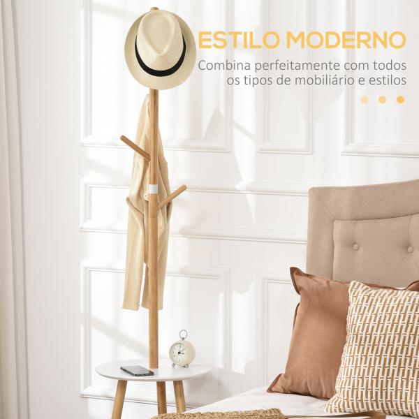 Cabide de Pé de Bambu 2 em 1 com 2 Prateleiras 5 Ganchos e Estrutura de Alumínio 39x5x39,5x71cm Madeira e Branco