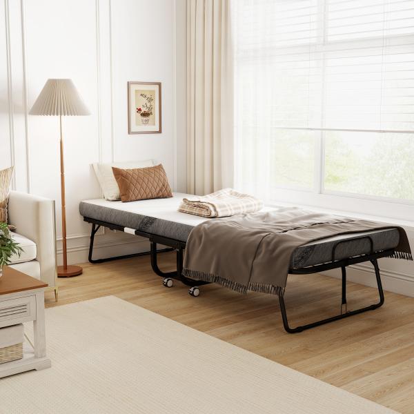 Cama Dobrável 200x75x42,5 cm Cama de Campismo Portátil com Colchão Individual Rodas e Freios Carga Máxima 150 kg para Dormitórios Branco