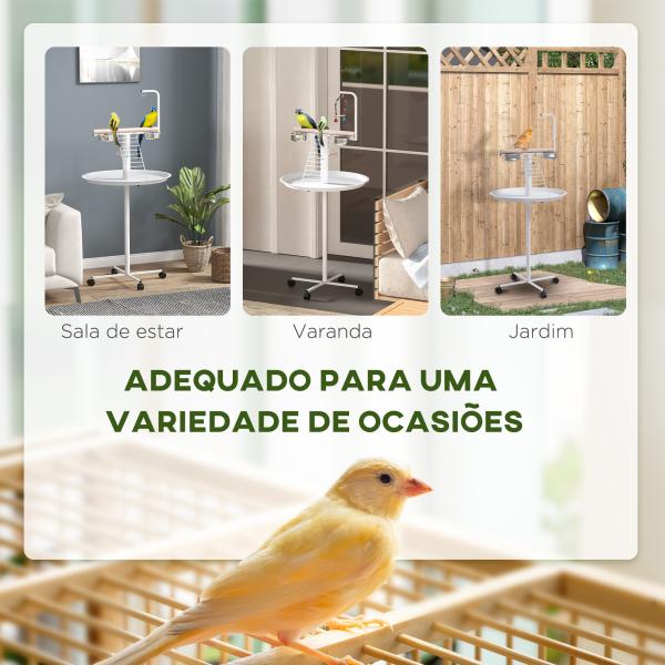Comedouro para Pássaros em Pé Ø60x138 cm com 4 Rodas 2 Recipientes de Aço Inoxidável e 2 Poleiros Branco