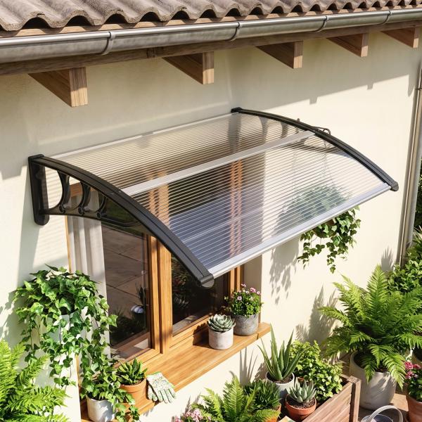 Marquise de Proteção 75x100 cm para Portas e Janelas contra Sol e Chuva com Suporte de Liga de Alumínio Transparente e Preto