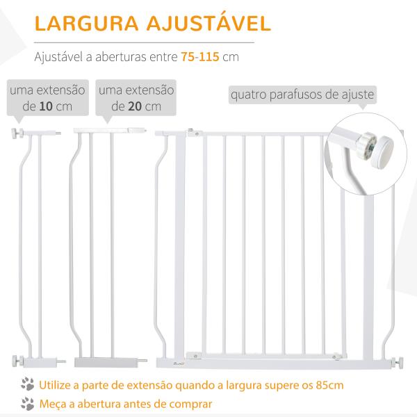 Barreira de Segurança para Cães Extensível para Escadas e Portas 75 - 115cm com 2 Extensões e 10 - 20cm Montagem a Pressão Aço Altura 76cm Branco