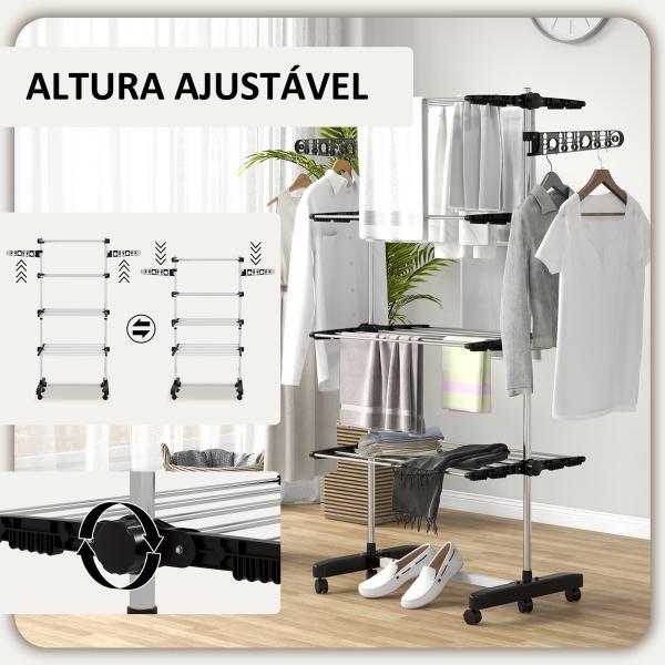 Estendal Vertical Dobrável de 4 Níveis com 6 Rodas 2 Laterais Dobráveis Prateleiras Ajustáveis 142x55x172cm Preto