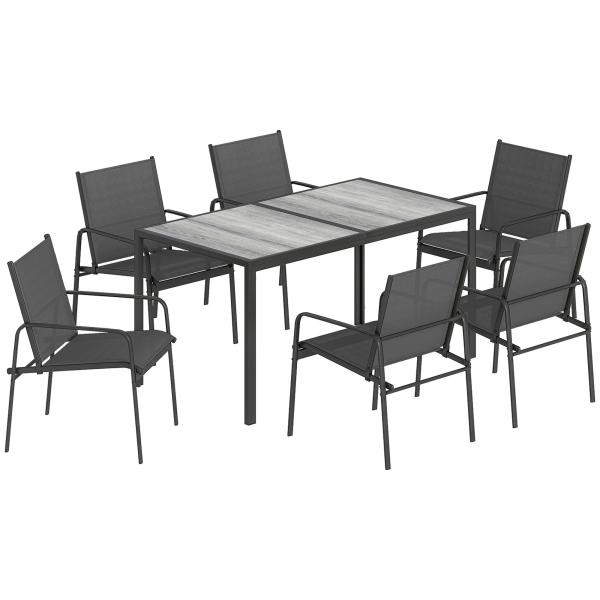 Conjunto de Mesa e Cadeiras de Jardim de 7 Peças com Mesa com Efeito Madeira e 6 Cadeiras com Assento Respirável Preto