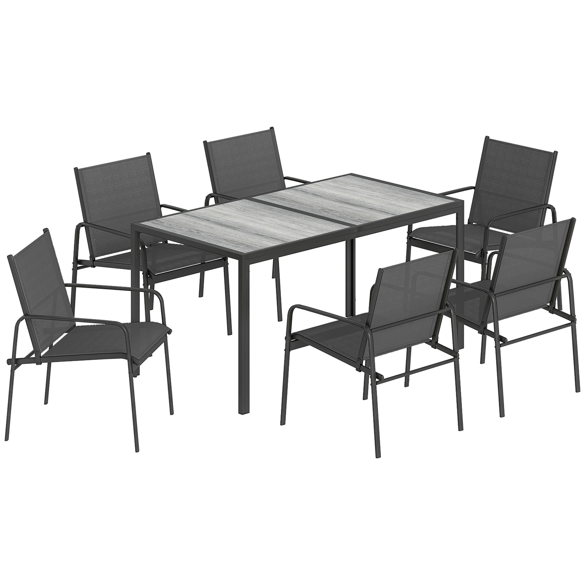 Conjunto de Mesa e Cadeiras de Jardim de 7 Peças com Mesa com Efeito Madeira e 6 Cadeiras com Assento Respirável Preto