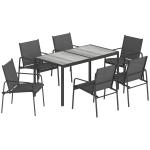 Conjunto de Mesa e Cadeiras de Jardim de 7 Peças com Mesa com Efeito Madeira e 6 Cadeiras com Assento Respirável Preto