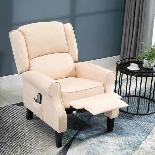 Poltrona de Massagem Poltrona Relax Reclinável com Controlo Remoto 2 Áreas de Massagem Bolso Lateral 78x83x101 cm Bege