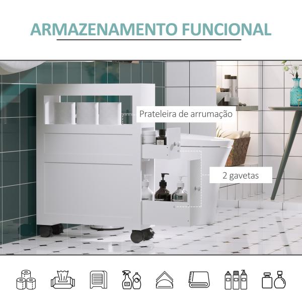 Armário Casa de Banho para Espaços Reduzidos com 4 Rodas Prateleira Aberta e Gavetas 16x52x71,5 cm Branco