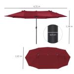 Chapéu de Sol Duplo 4,55x2,68x2,38 m Chapéu de Sol de Jardim com Manivela Manual Resistente à Água e com Proteção Solar UV para Terraço Pátio Vinho