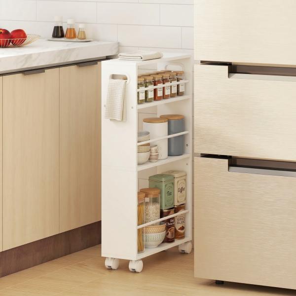 Estante de Casa de Banho com Rodas Carrinho Auxiliar de 3 Níveis com Barras Laterais e Alças 45x15x80 cm Branco
