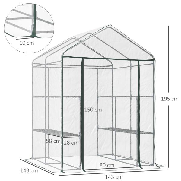 Estufa Transparente de Jardim Estufa de Plantas de 3 Níveis com Prateleiras Estrutura de Aço 143x143x195cm Transparente e Verde