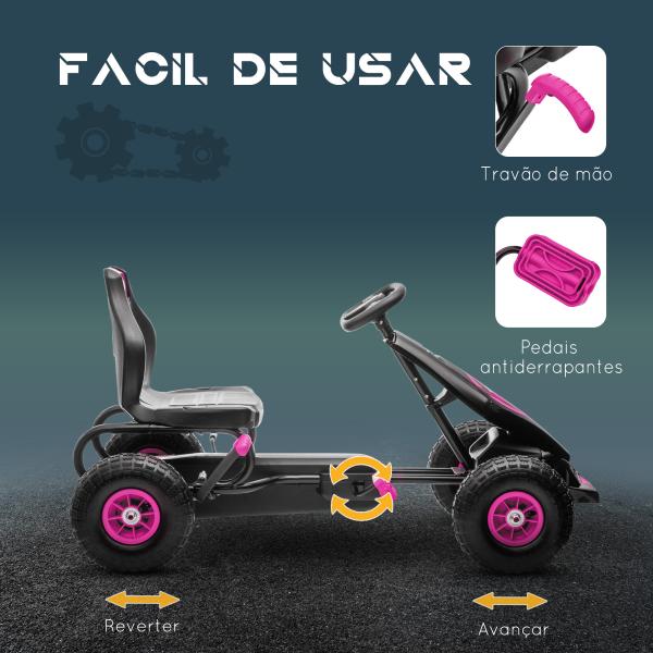 Kart a Pedais para Crianças 5 - 12 Anos com Assento Ajustável Pneus Insufláveis Amortecimento e Travão de Mão 121x58x61 cm Rosa