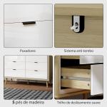 Cómoda 6 Gavetas Cómoda Quarto com Pernas de Madeira Estilo Moderno 110x40x75 cm Branco Brilhante e Carvalho