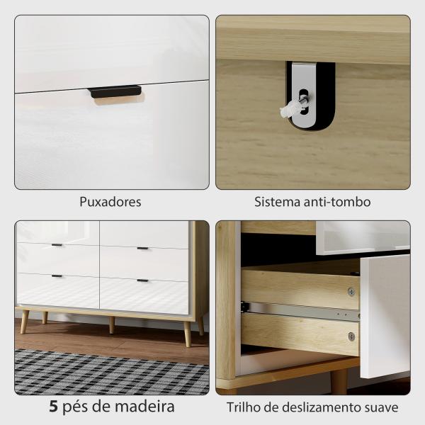 Cómoda 6 Gavetas Cómoda Quarto com Pernas de Madeira Estilo Moderno 110x40x75 cm Branco Brilhante e Carvalho