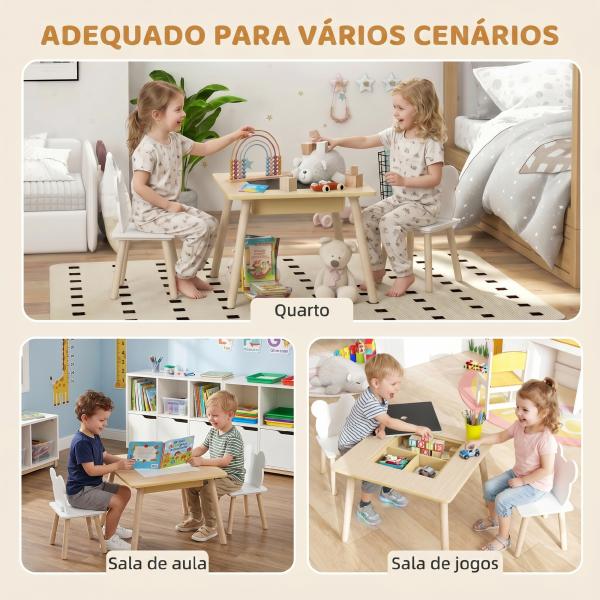 Conjunto de Mesa e 2 Cadeiras com Encosto em Forma de Ursinho e Compartimentos Ocultos Madeira e Branco