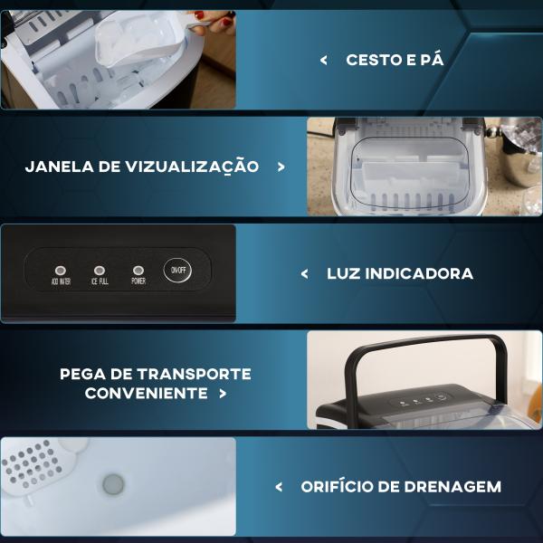 Máquina de Fazer Gelo Silenciosa 12 kg em 24 Horas 9 Cubos em 6 - 12 Minutos Depósito de Água 1,3 L 22,2x29,4x29 cm Preto