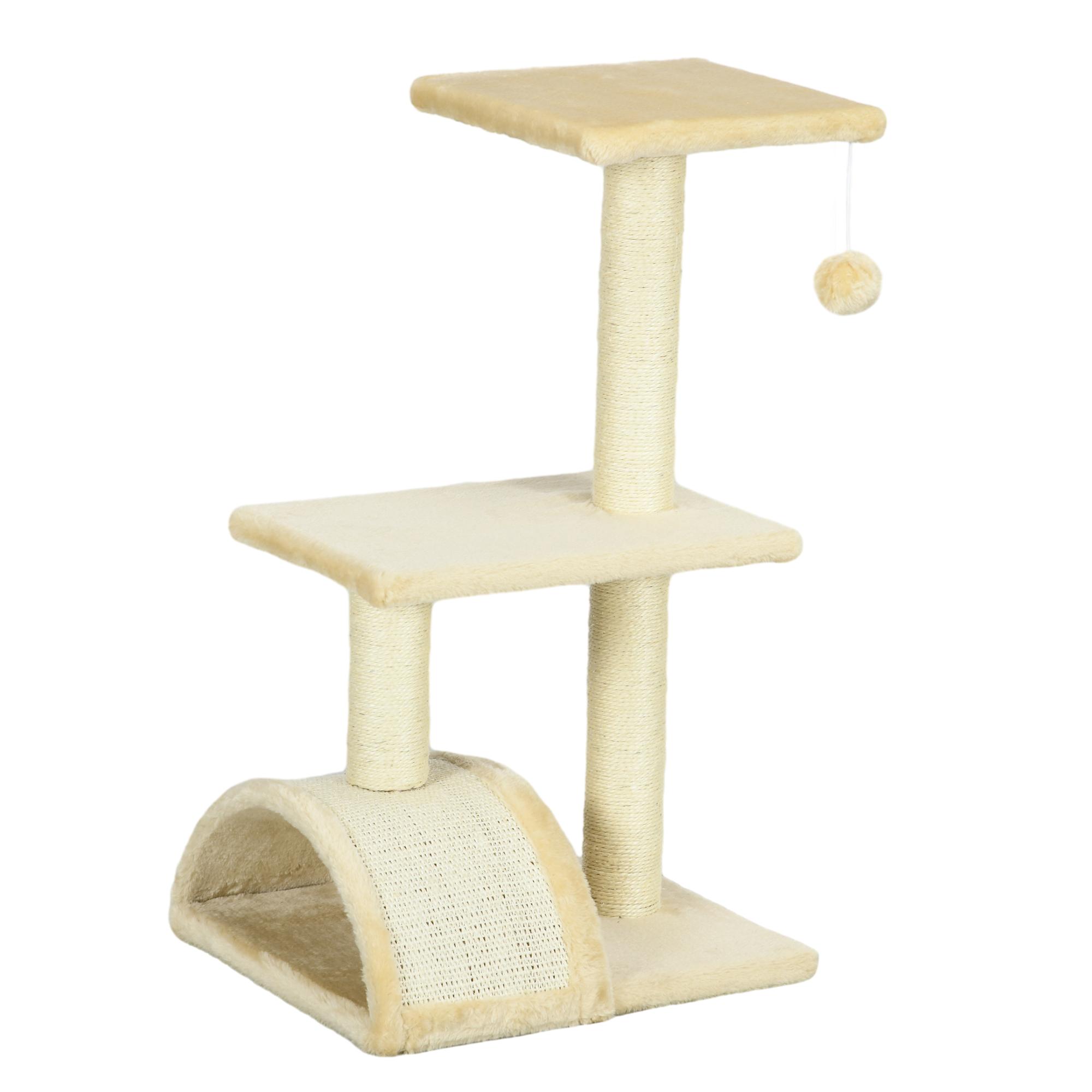 Arranhador para Gatos Médio de 3 Níveis com Postes de Sisal Placa para Arranhar e Bola Suspensa 40x35x72 cm Creme