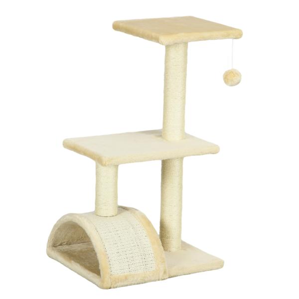 Arranhador para Gatos Médio de 3 Níveis com Postes de Sisal Placa para Arranhar e Bola Suspensa 40x35x72 cm Creme