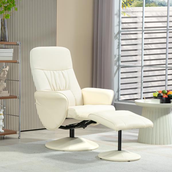 Poltrona Relax com Apoio para os Pés Estofada em PU Reclinável até 145° e Giratório 360° com Encosto Ajustável 81x81x105cm Creme