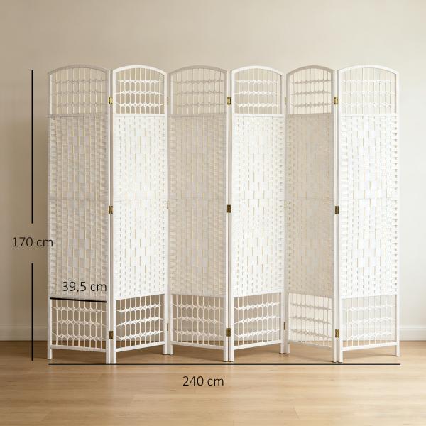 Biombo Separador de Ambientes de 6 Painéis Dobrável em Corda de Papel 160x170 cm Decoração para Quarto Branco