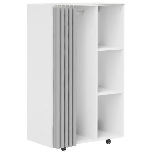 Roupeiro com Rodas, Cortina, Barra para Pendurar Roupa e 3 Prateleiras Abertas para Quarto, 80x40x128 cm, Branco