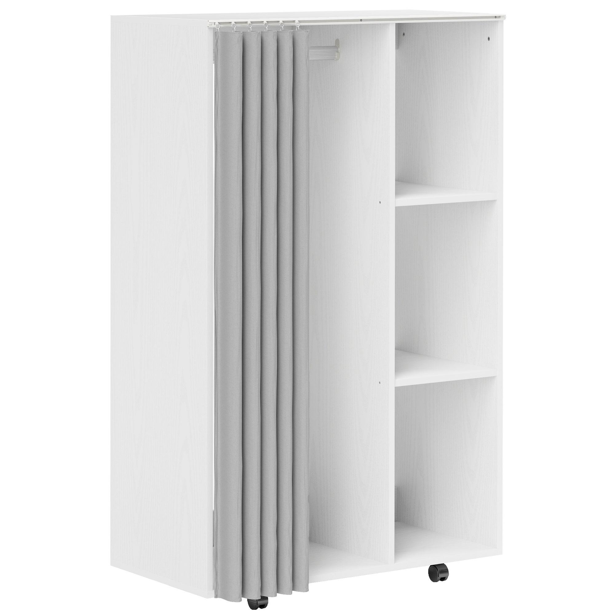 Roupeiro com Rodas, Cortina, Barra para Pendurar Roupa e 3 Prateleiras Abertas para Quarto, 80x40x128 cm, Branco
